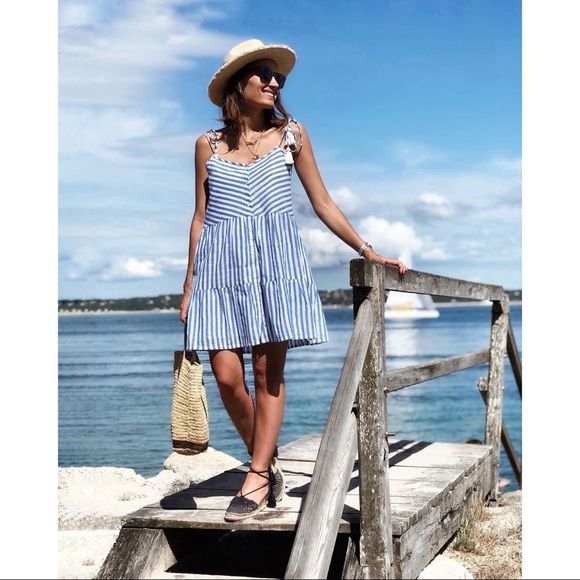 Sezane Felicie Dress in Ecru Blue Silver Tiered Button Down Tassel Tie Size 6 - Picture 2 of 10